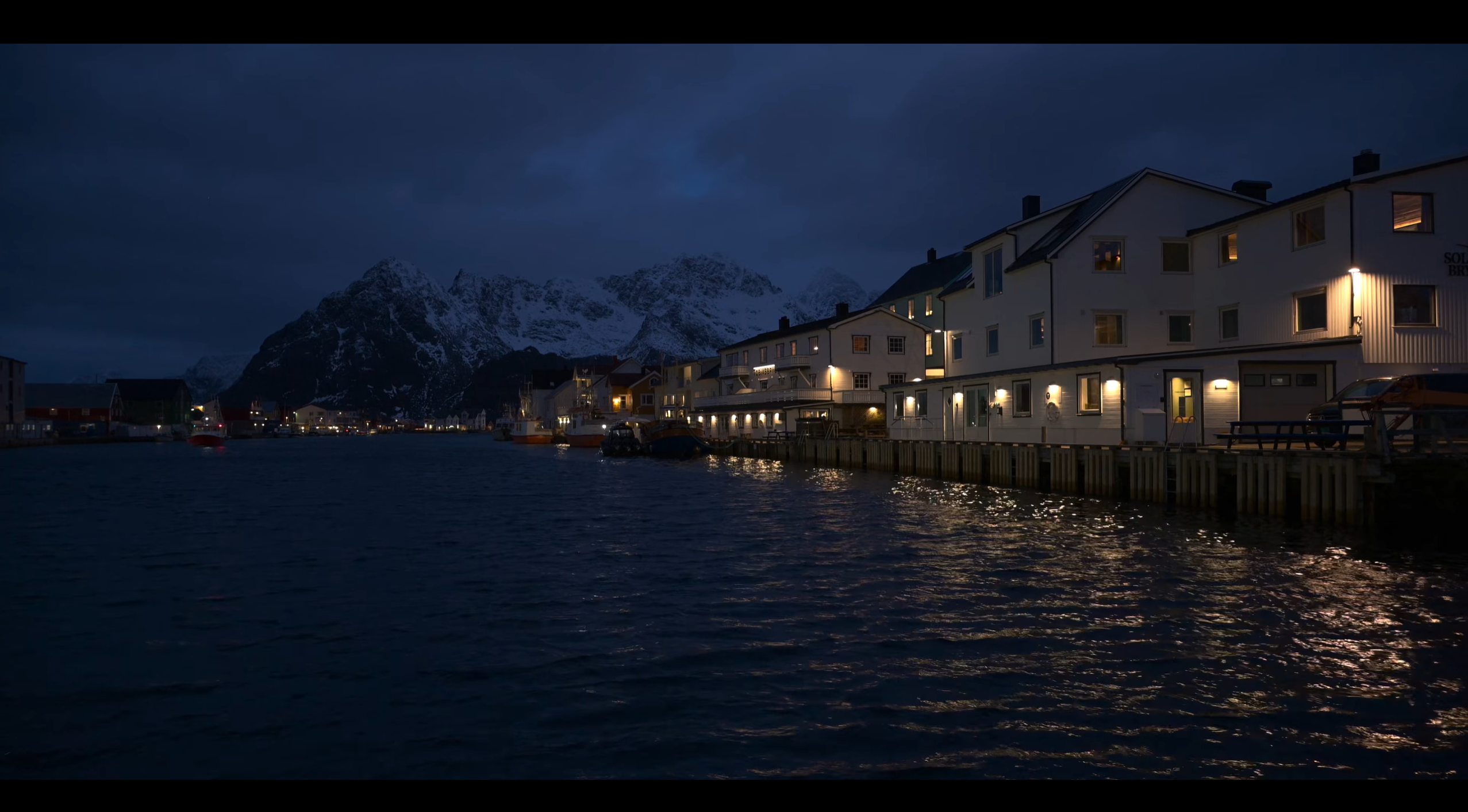 Night view of waterfront houses